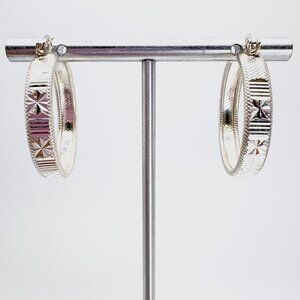 VTG Sterling Silver 925 Textured Hoop Earrings Hinged Posts Size 1.25" Length